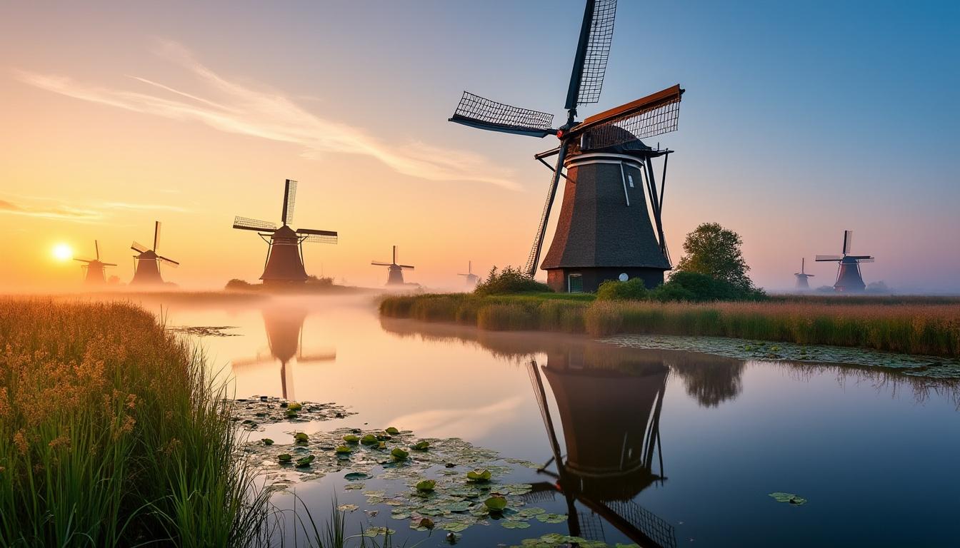 explorez les magnifiques moulins de kinderdijk, emblèmes du patrimoine néerlandais et témoins de l'ingéniosité hydraulique. un voyage au cœur de l'histoire et de la culture des pays-bas.