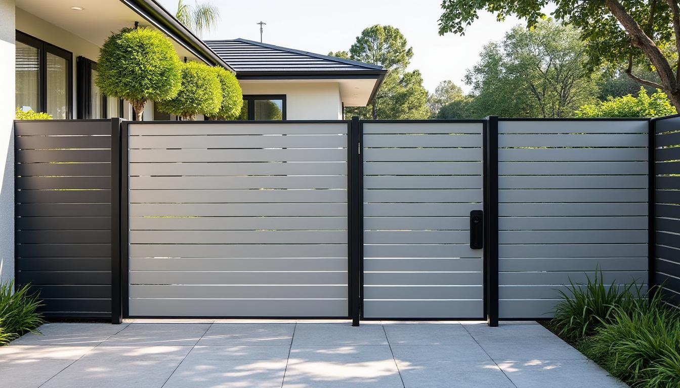 découvrez notre brise-vue et portillon coordonnés en panneaux de tôle électro-zinguée associés à des tubes d'acier laqués, alliant durabilité et design élégant pour un aménagement extérieur sécurisé et esthétique.