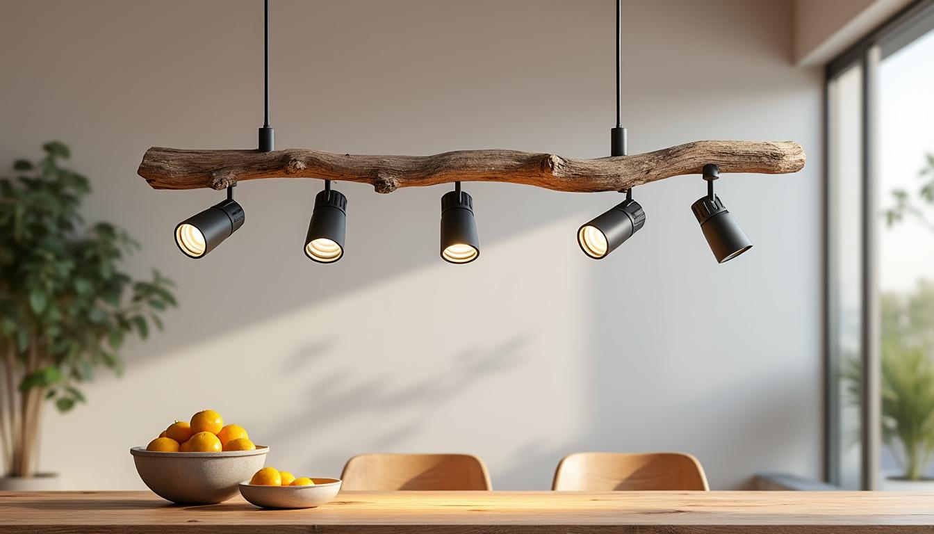 découvrez la suspension en bois flotté « spooty 5 » de 130 cm avec 5 spots orientables, idéale pour un éclairage personnalisé et une ambiance naturelle dans votre intérieur.