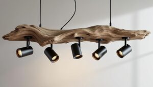 découvrez la suspension en bois flotté « spooty 5 » de 130 cm avec 5 spots orientables, idéale pour un éclairage sur-mesure alliant design naturel et fonctionnalité.
