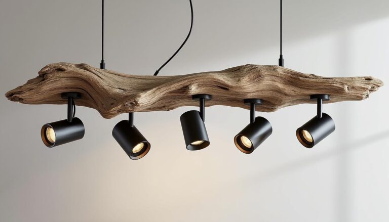 découvrez la suspension en bois flotté « spooty 5 » de 130 cm avec 5 spots orientables, idéale pour un éclairage sur-mesure alliant design naturel et fonctionnalité.