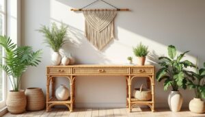 découvrez le bureau console en rotin naturel june, une pièce élégante au style bohème parfait pour apporter chaleur et authenticité à votre intérieur.