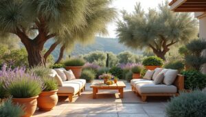 aménagez une terrasse extérieure aux accents méditerranéens avec palmiers, oliviers et plantes typiques pour créer un véritable coin de paradis chez vous.