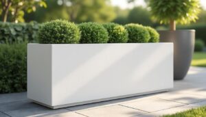 découvrez notre jardinière en fibre de terre 100x45x45 cm couleur blanche, idéale pour sublimer vos espaces extérieurs avec élégance. résistante et légère, parfaite pour vos plantations. disponible chez megacollections.