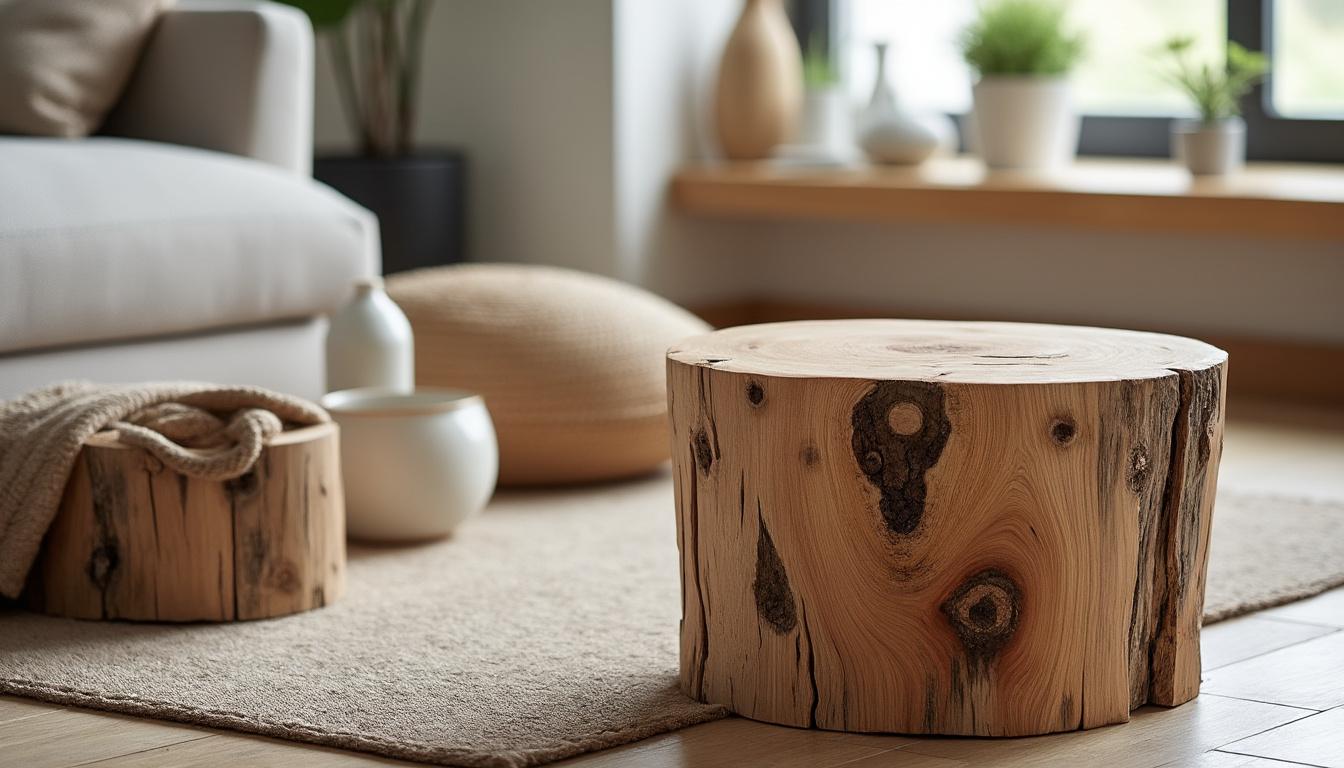découvrez notre tabouret en rondins de bois naturel, hauteur ajustable 33/38 cm, alliant robustesse et élégance rustique pour un intérieur chaleureux et authentique.
