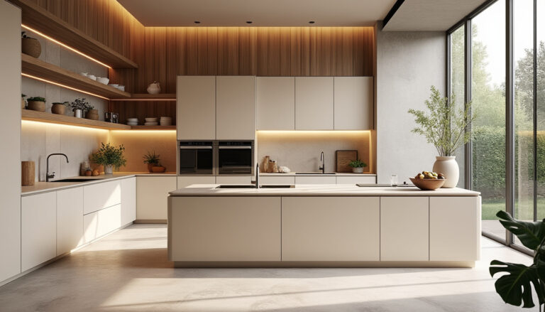 découvrez la cuisine rome, alliant élégance en laque beige et touches boisées chaleureuses pour un espace moderne et raffiné.