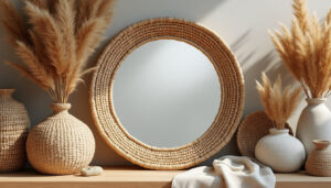 découvrez notre miroir rond de 40 cm en raphia naturel, alliant élégance bohème et authenticité pour sublimer votre intérieur avec une touche naturelle et raffinée.