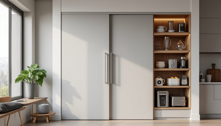 découvrez comment optimiser votre espace en rangeant vos appareils électroménagers dans un meuble à portes coulissantes, alliant praticité et design élégant pour une cuisine organisée.