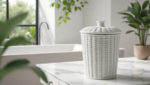découvrez la poubelle de salle de bain diane en rotin blanc cérusé avec couvercle, alliant élégance naturelle et praticité pour un espace harmonieux et raffiné.