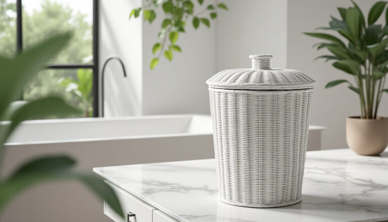 découvrez la poubelle de salle de bain diane en rotin blanc cérusé avec couvercle, alliant élégance naturelle et praticité pour un espace harmonieux et raffiné.