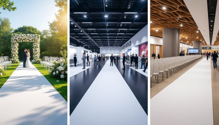 découvrez le tapis blanc polyvalent hit 0100, disponible en largeurs de 1 à 4 mètres, idéal pour cérémonies, mariages et stands d'exposition, alliant élégance et praticité.