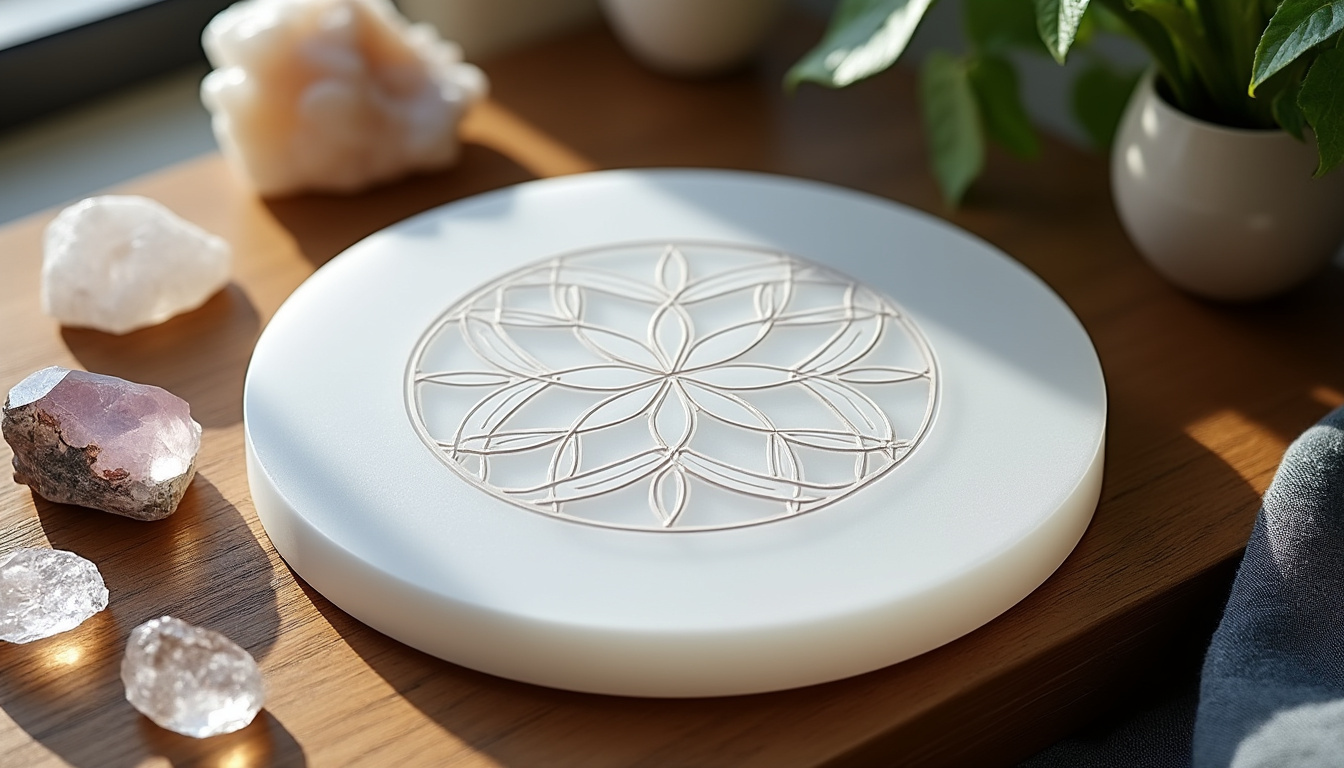 découvrez la plaque de sélénite ornée de la fleur de vie, un symbole d'harmonie et d'énergie sacrée pour purifier votre espace et élever votre esprit.