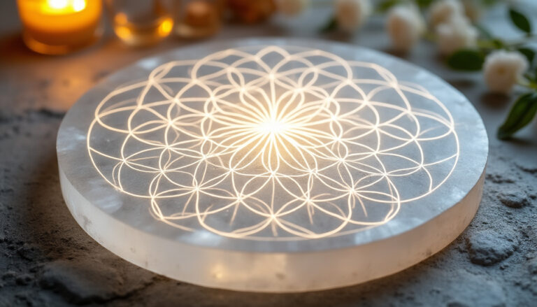 découvrez la plaque de sélénite ornée de la fleur de vie, symbole d'harmonie et d'énergie sacrée pour équilibrer votre espace et votre esprit.