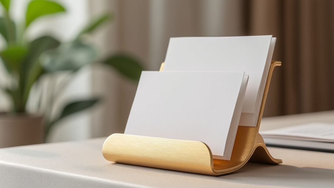 mettez vos cartes en valeur avec ce présentoir en métal doré, élégant et raffiné, idéal pour une décoration soignée.