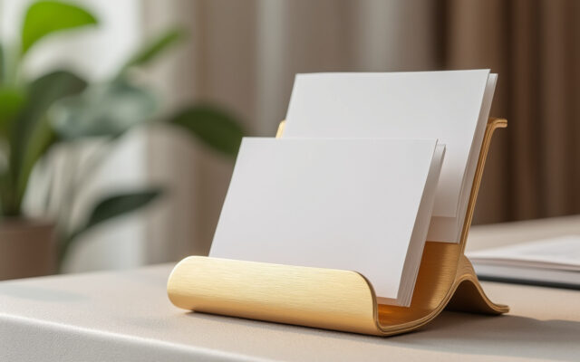 mettez vos cartes en valeur avec ce présentoir en métal doré, élégant et raffiné, idéal pour une décoration soignée.