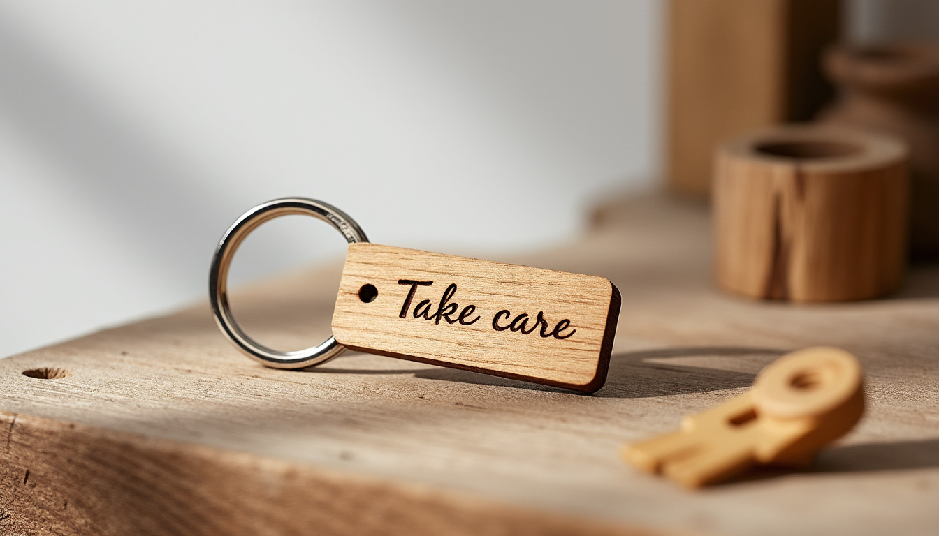 découvrez notre porte-clé en bois gravé, un rappel délicat et personnalisé avec le message 'fais attention à toi', pour garder vos proches près de vous en toute élégance.