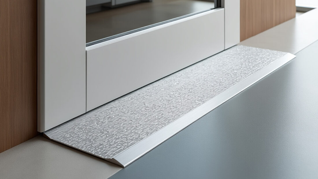 seuil de porte en tôle d’aluminium gaufrée, vendu au mètre linéaire jusqu’à 1,5 m. une finition résistante et antidérapante pour protéger vos passages.