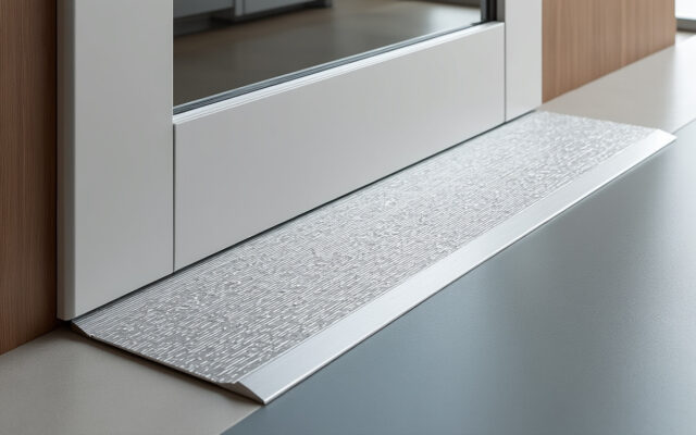 seuil de porte en tôle d’aluminium gaufrée, vendu au mètre linéaire jusqu’à 1,5 m. une finition résistante et antidérapante pour protéger vos passages.